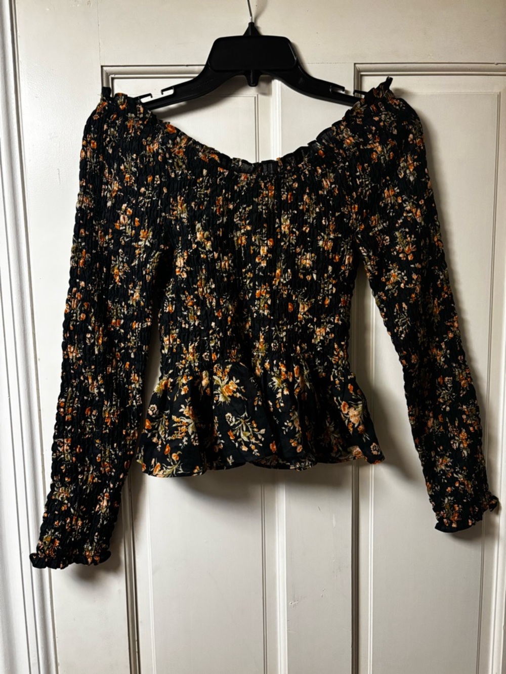 Doen Black Floral Smocked Peplum Blouse with Orange and Cream Flowers - Picture 5 of 6